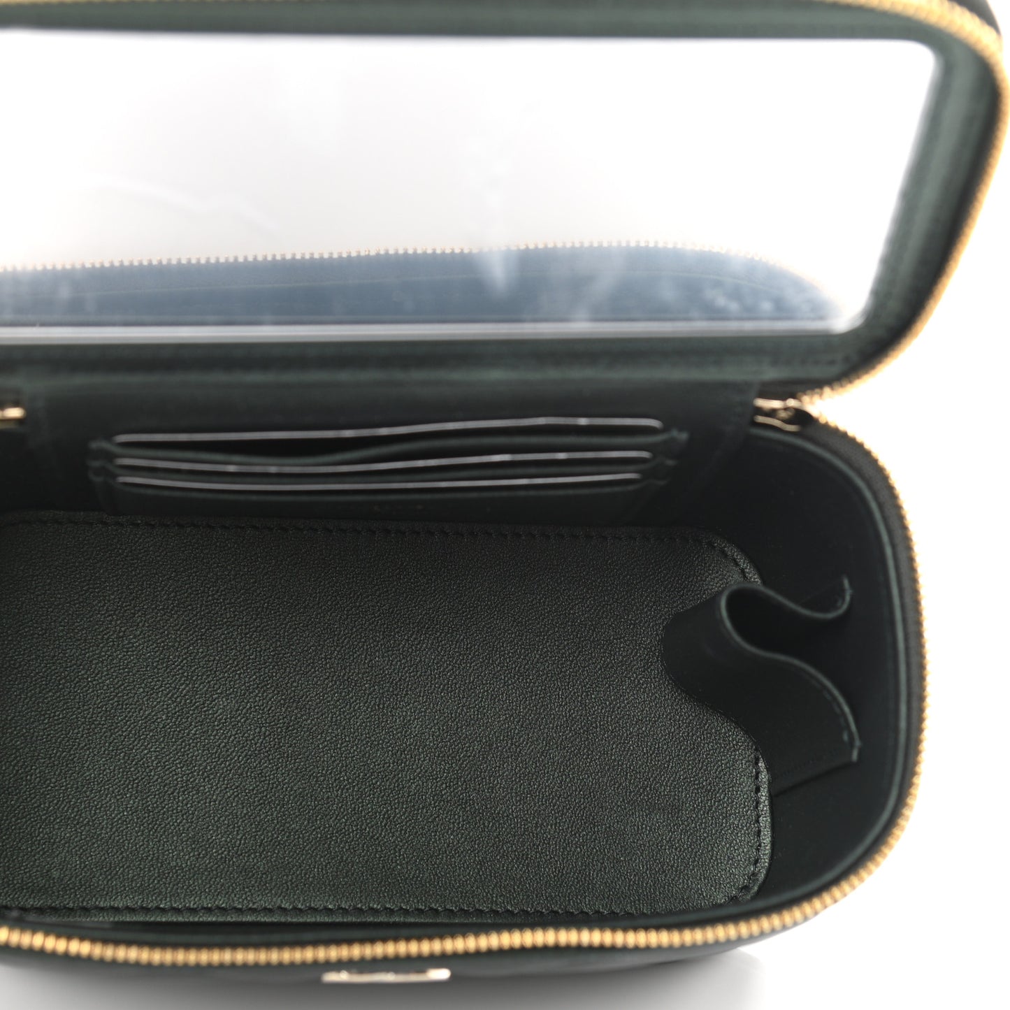 Iridescent Lambskin Quilted Small Top Handle Vanity Case With Chain Green