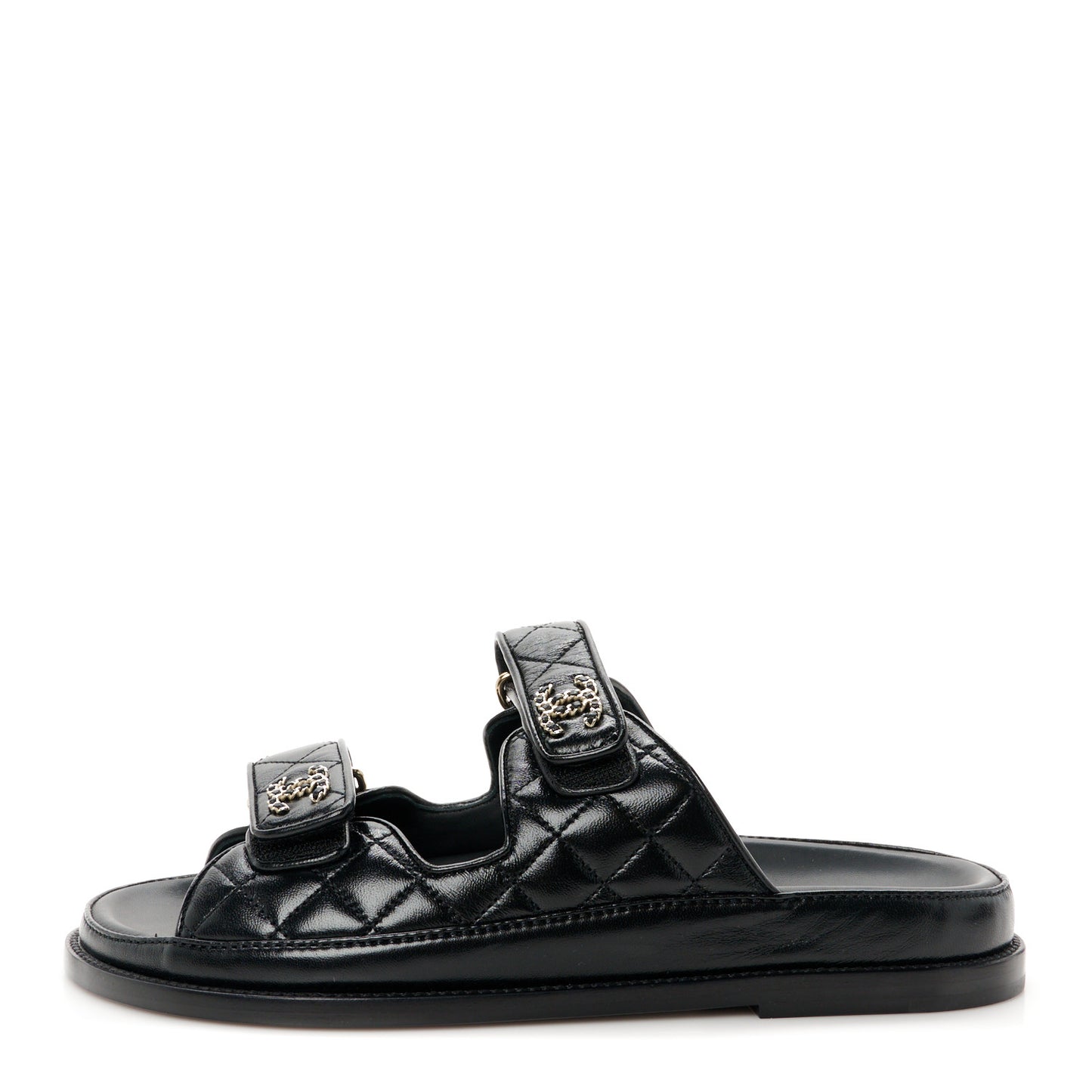 Lambskin Quilted Velcro Dad Chain CC Slide Sandals 38.5 Black