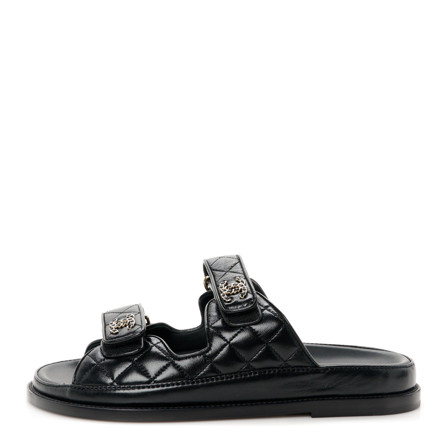 Chanel Lambskin Quilted Velcro Dad Chain CC Slide Sandals 38.5 Black 1 of 9
