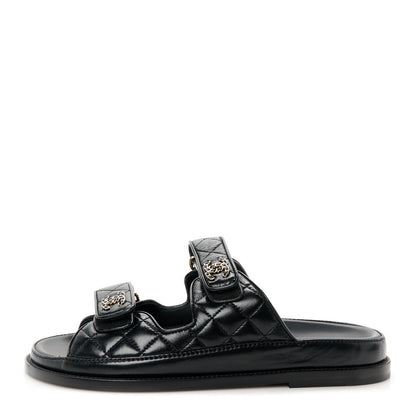 Chanel Lambskin Quilted Velcro Dad Chain CC Slide Sandals 38.5 Black 1 of 9