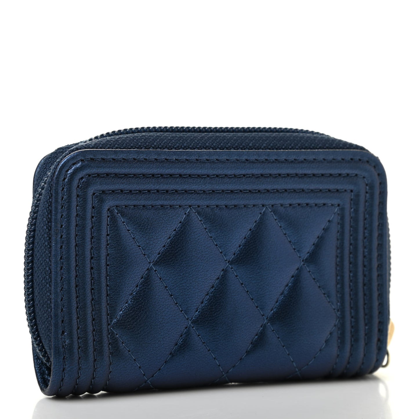 Metallic Lambskin Quilted Boy Zip Around Coin Purse Wallet Navy