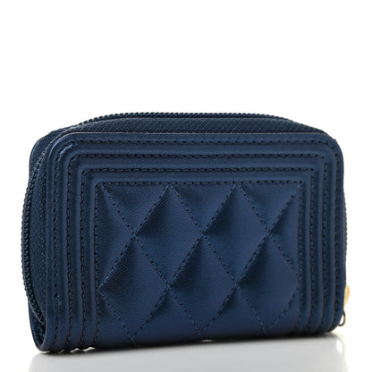 Chanel Metallic Lambskin Quilted Boy Zip Around Coin Purse Wallet Navy 3 of 8
