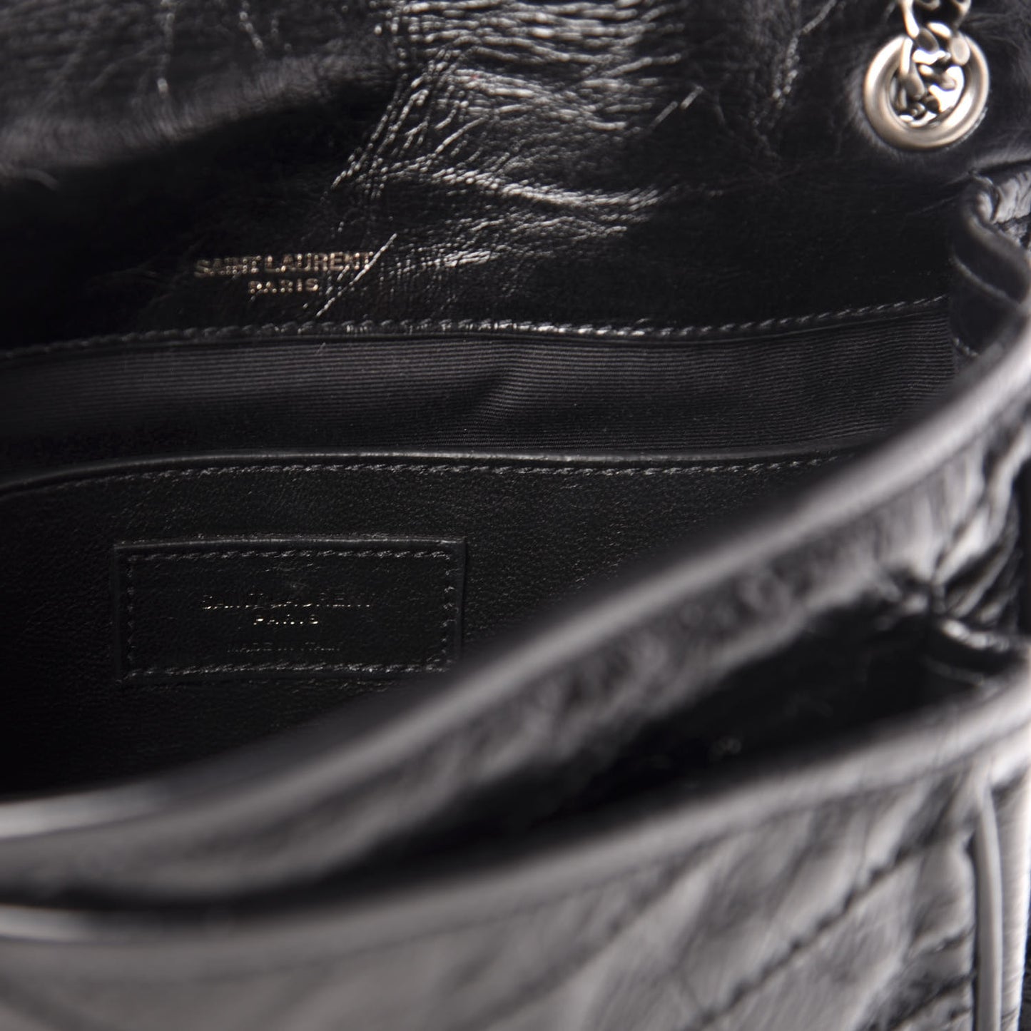 Crinkled Calfskin Matelasse Monogram Baby Niki Chain Satchel Black
