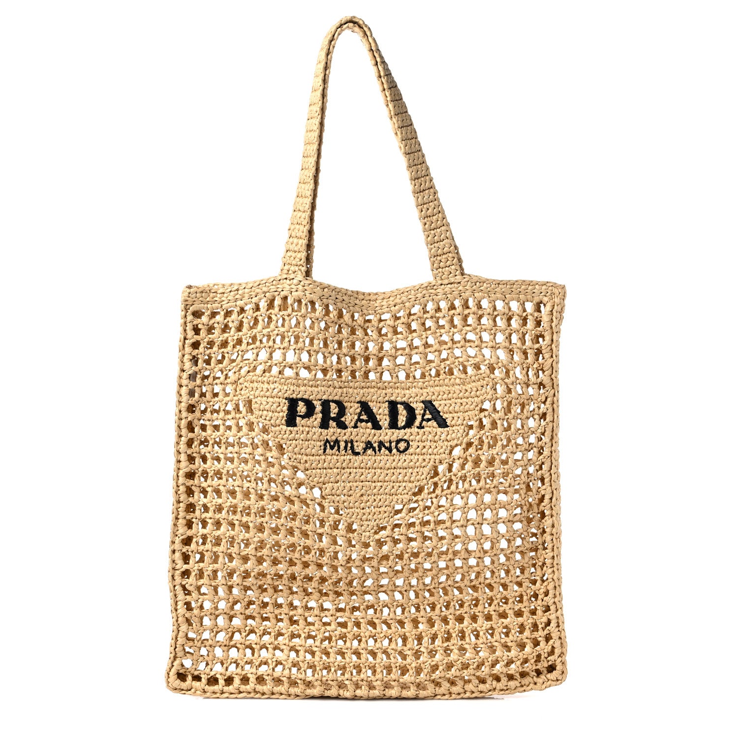 Prada Yarn Raffia Effect Crochet Logo Embroidered Tote Bag Naturale 1 of 8