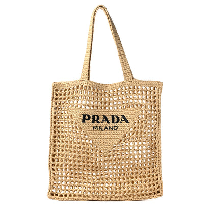 Prada Yarn Raffia Effect Crochet Logo Embroidered Tote Bag Naturale 1 of 8