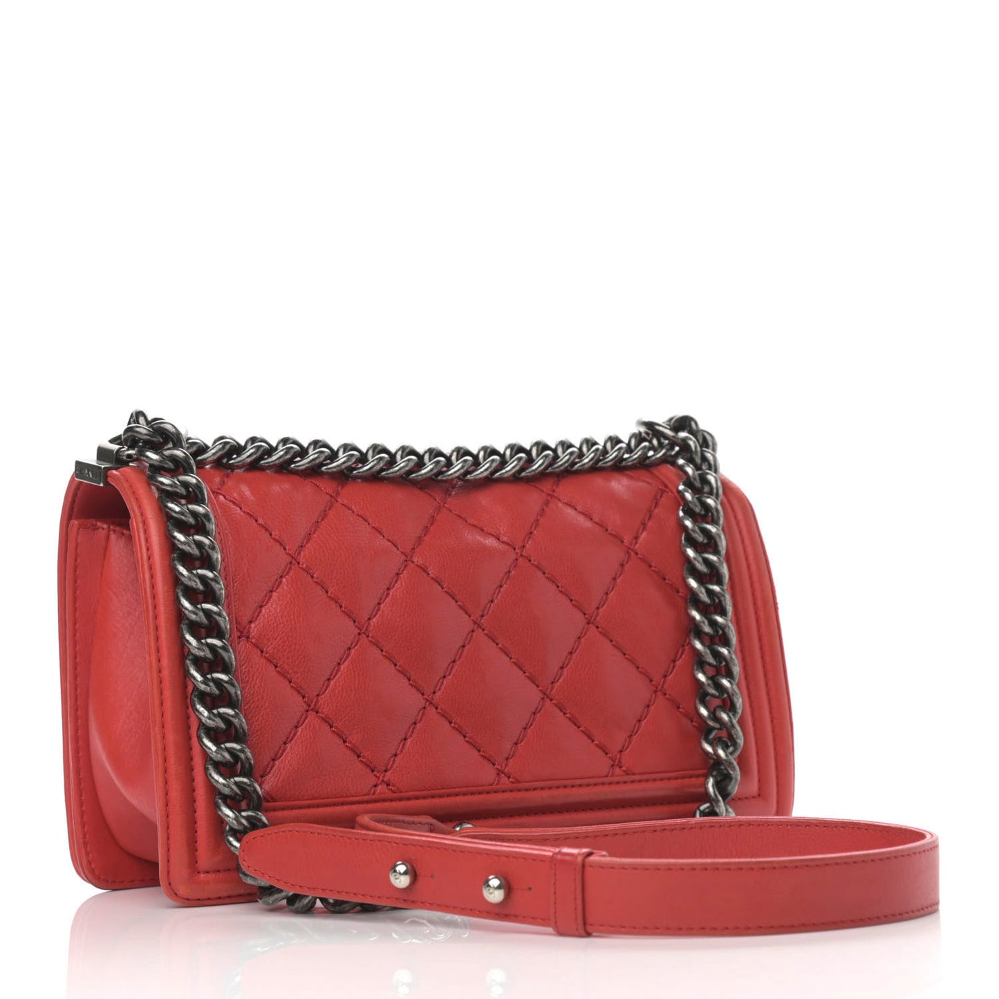 Calfskin Quilted Double Stitch Medium Boy Flap Red