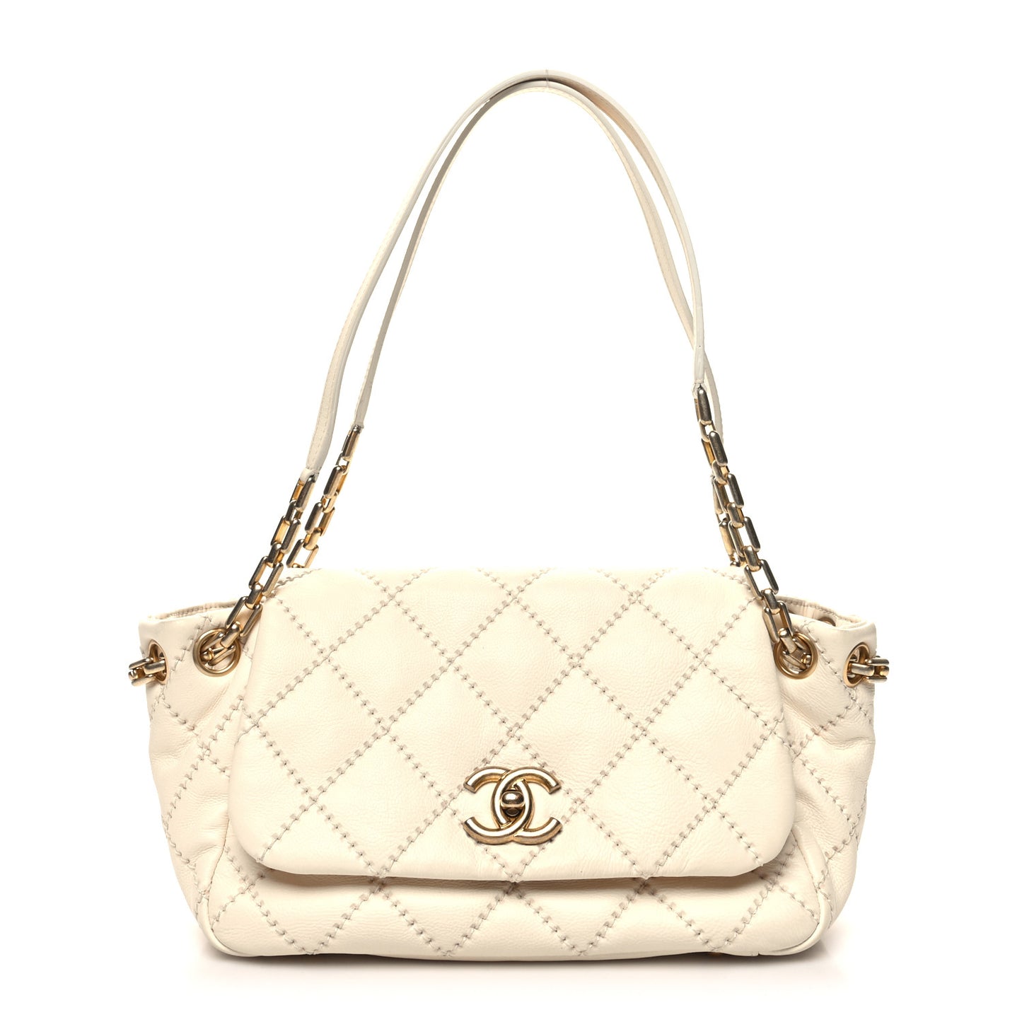Calfskin Quilted Retro Chain Flap Beige