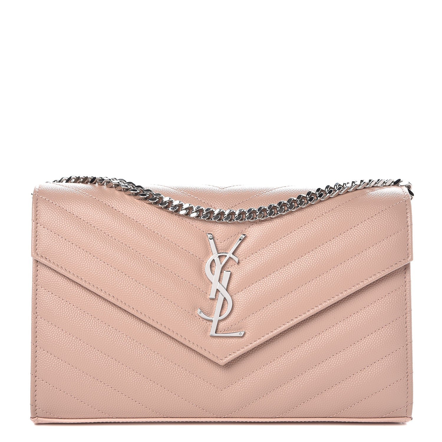 Saint Laurent Grain De Poudre Matelasse Chevron Monogram Chain Wallet Pale Pink 1 of 7