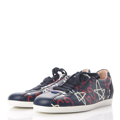 Gucci Calfskin GucciGhost Print Womens Low Top Sneakers 36 Blue Agata Hibiscus Red 3 of 8