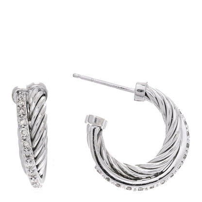 David Yurman Sterling Silver Diamond Extra Small Crossover Hoop Earrings 1 of 4