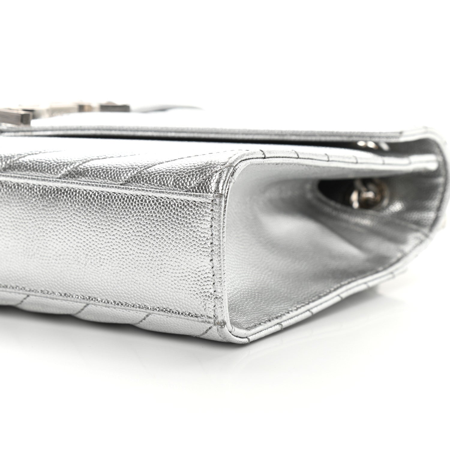 Saint Laurent Metallic Grain De Poudre Matelasse Chevron Medium Monogram Satchel Silver 8 of 10
