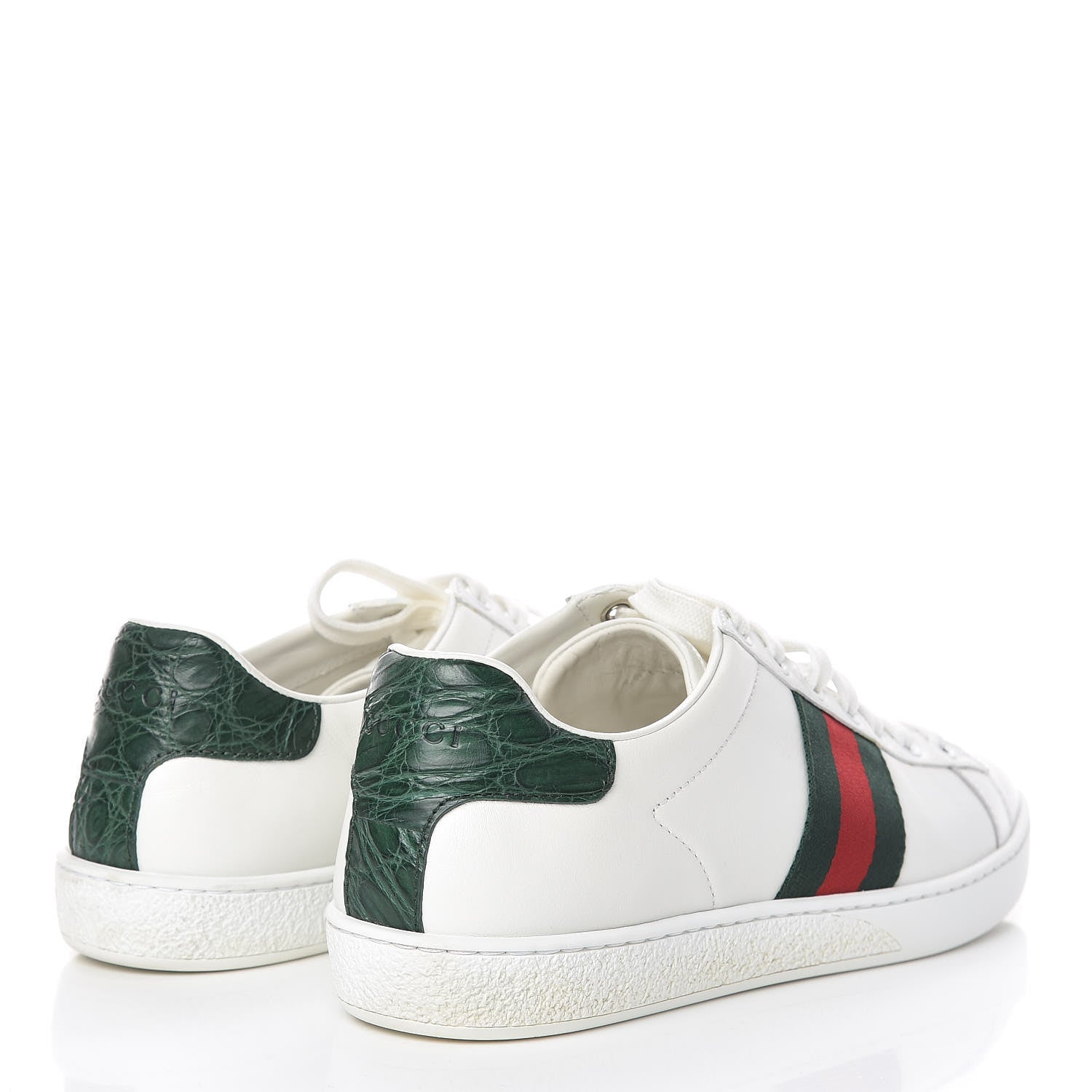 Gucci Calfskin Crocodile Web Womens Ace Sneakers 37.5 White Green 4 of 16