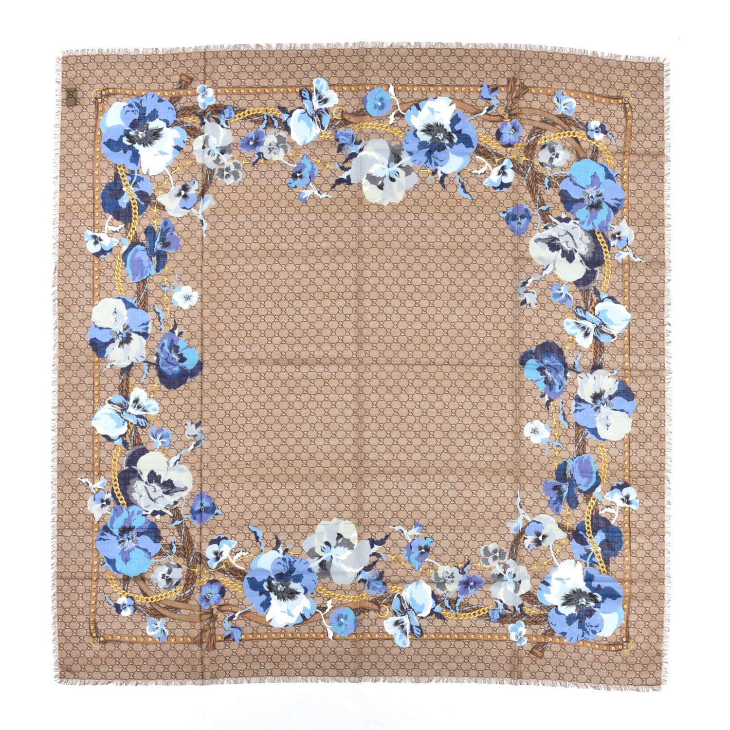 Gucci Wool Jacquard GG Monogram Big Panshie Fringe Shawl Sapphire Beige 1 of 3