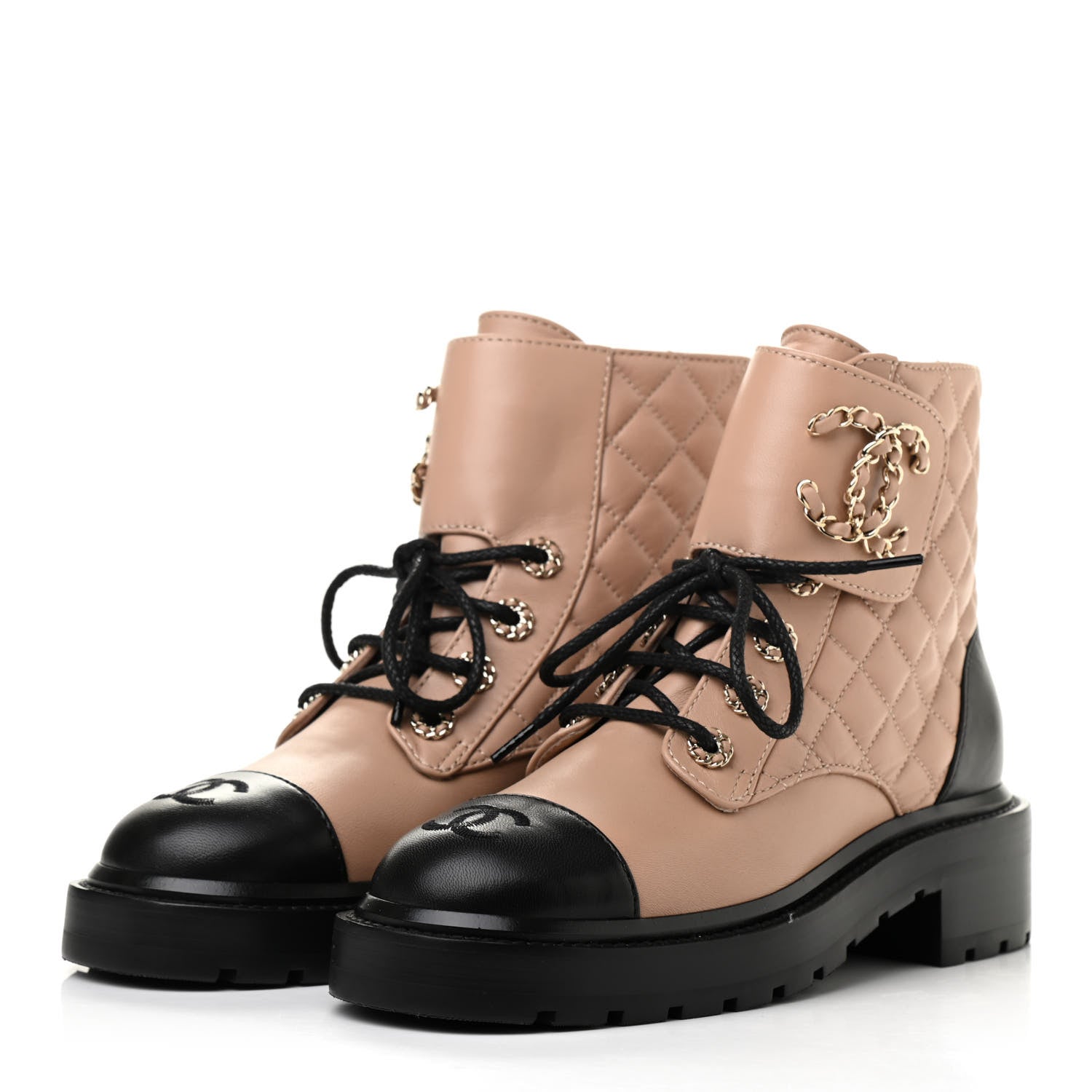 Chanel Shiny Lambskin Quilted Lace Up Combat Boots 36 Beige Black 3 of 7