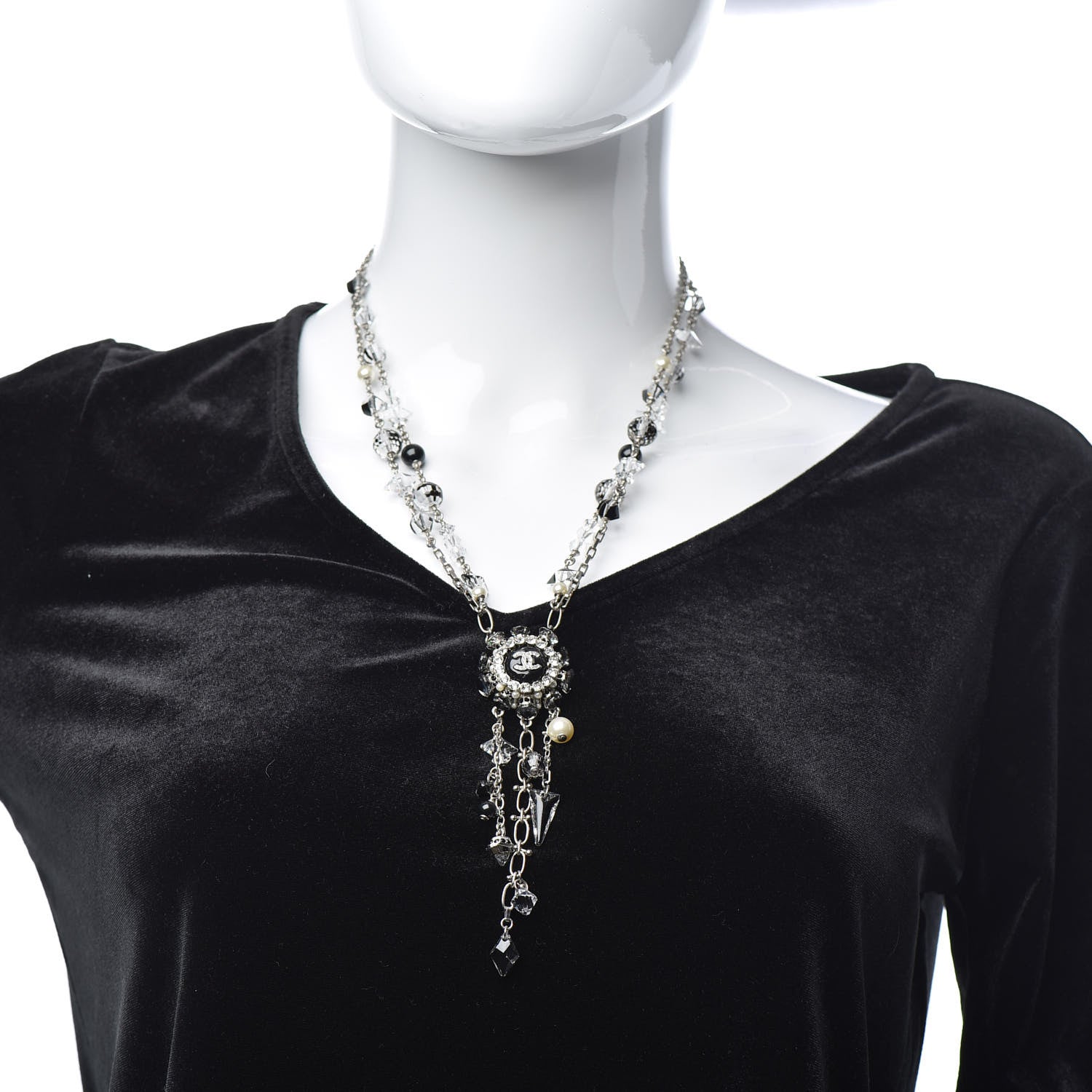 Chanel Pearl Crystal Bead Necklace Silver 2 of 5