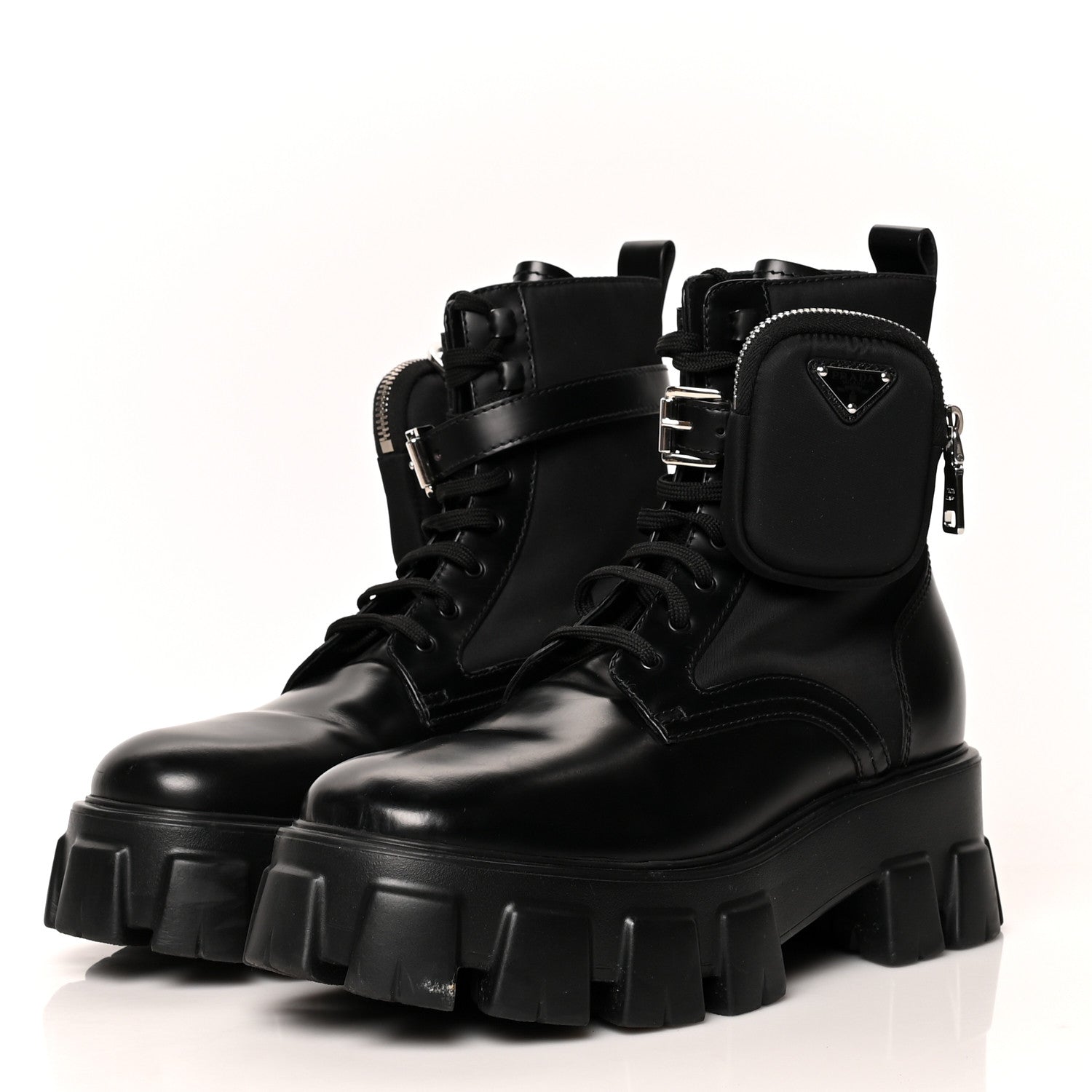 Prada Spazzolato Rois Nylon Metal Triangle Logo Monolith Pouch Pocket 55mm Boots 40 Black 3 of 9