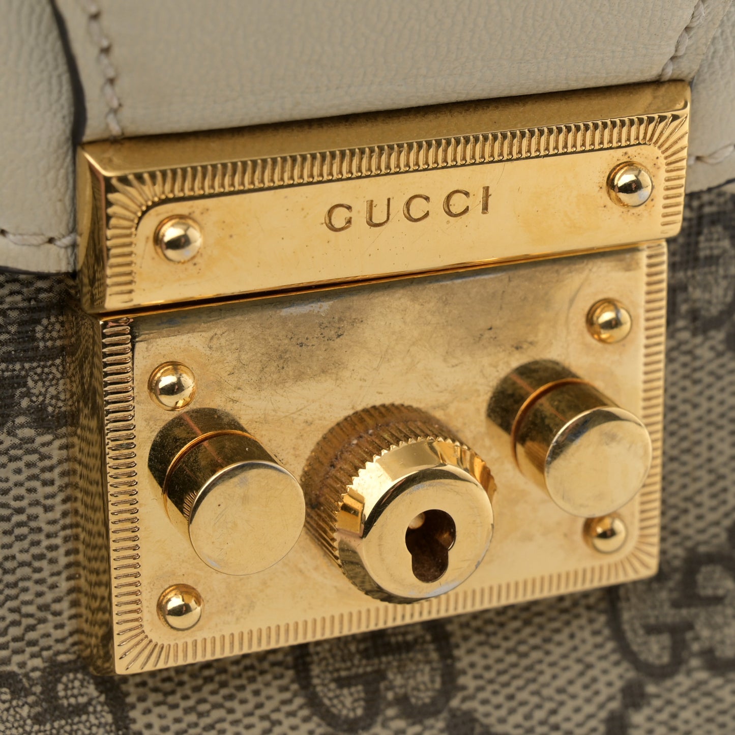 GG Supreme Monogram Calfskin Small Padlock Messenger Shoulder Bag Beige Mystic White Sun Oil