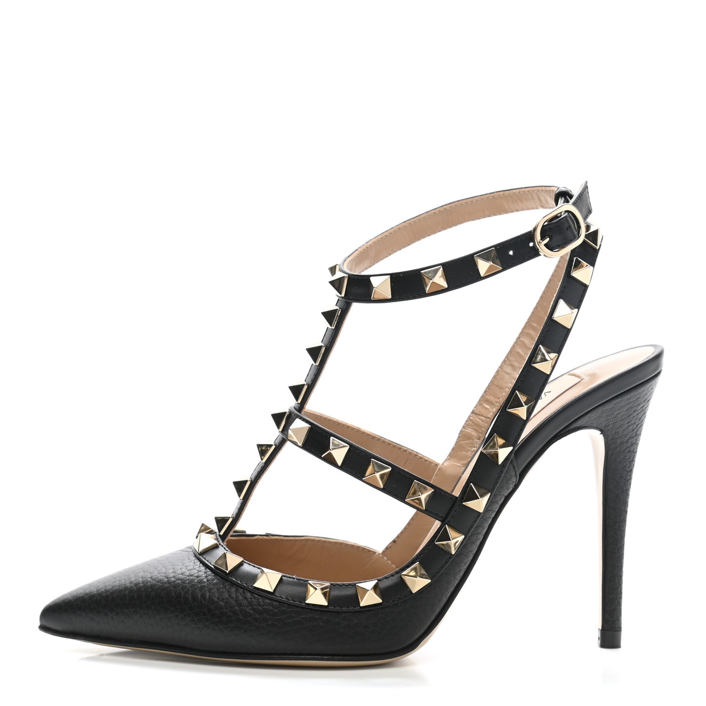 Pebbled Calfskin Rockstud Ankle Strap Pumps 36 Black