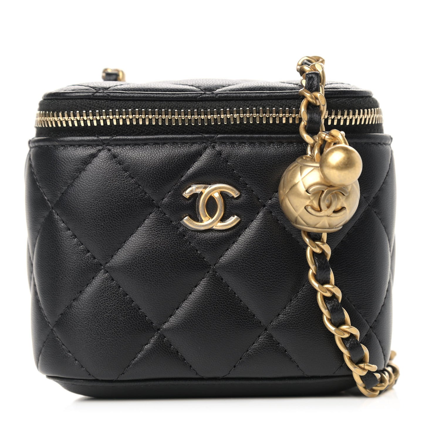 Lambskin Quilted Mini Pearl Crush Vanity Case With Chain Black