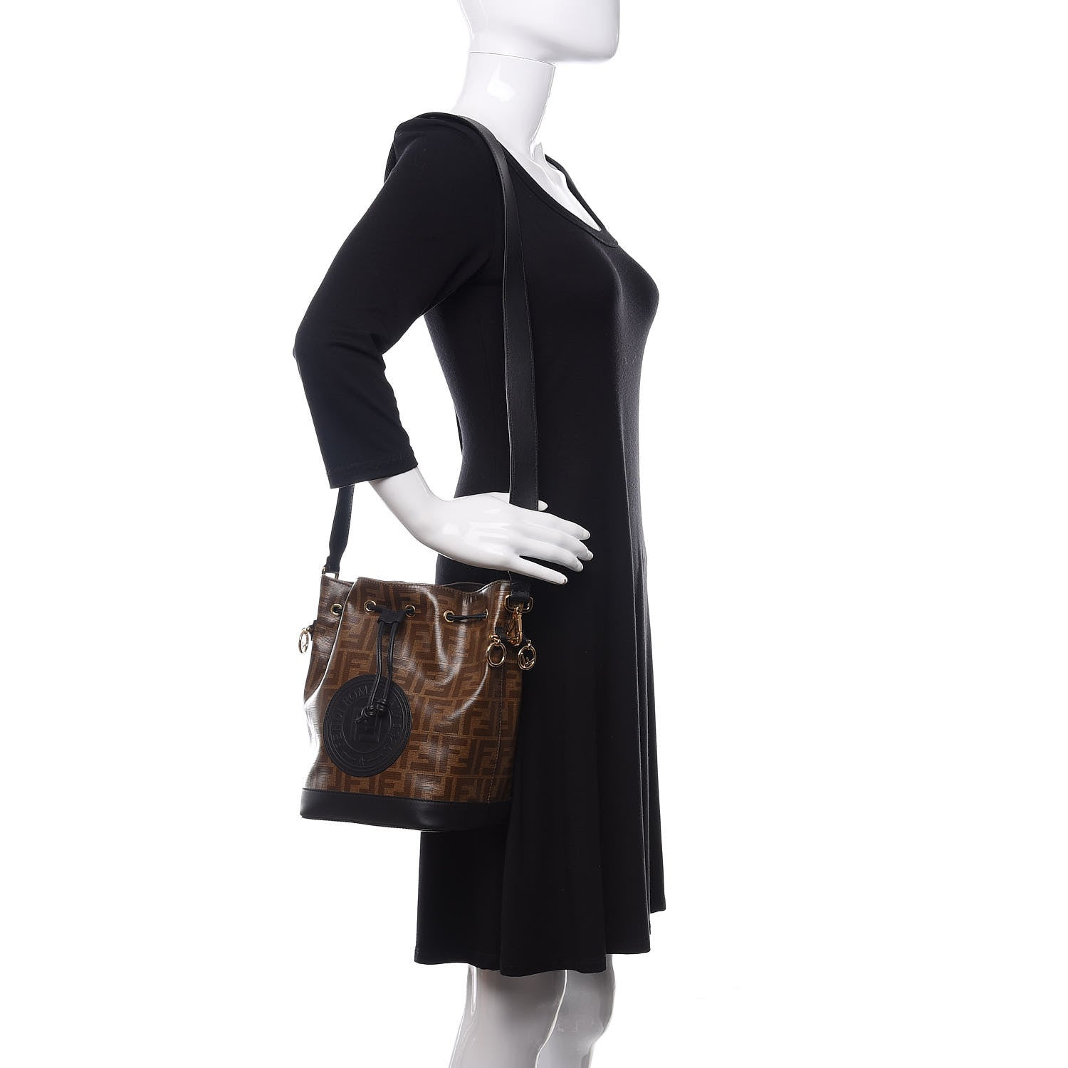 Fendi Glazed Fabric Vitello Grace F is Fendi FF 1974 Stamp Patch Grande Mon Tresor Bucket Bag Mogano Panna Black 2 of 12