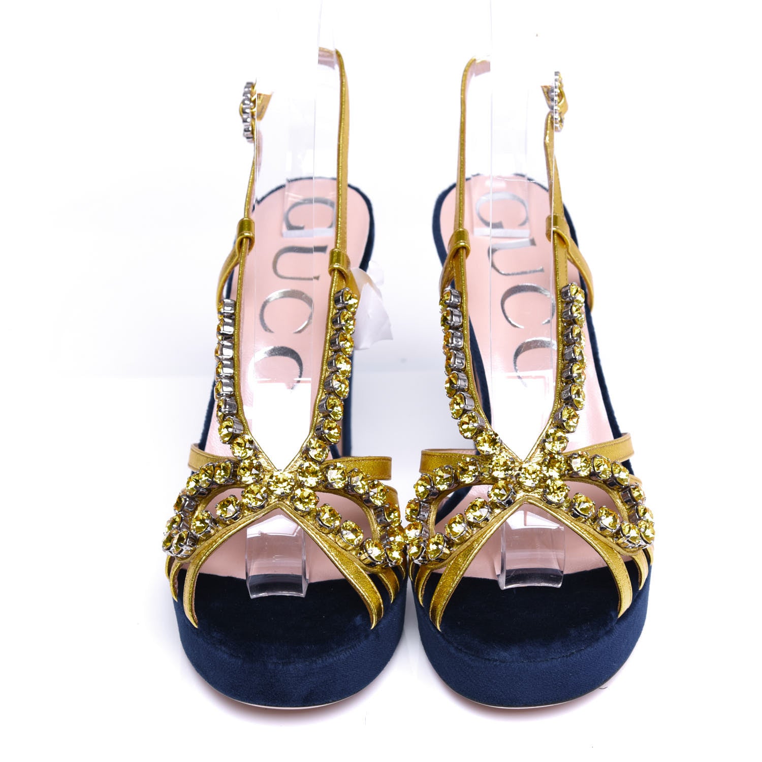 Gucci Velvet Nappa Crystal Zephyra Slingback Platform High Heel Sandals 36.5 Blue Gold 2 of 10