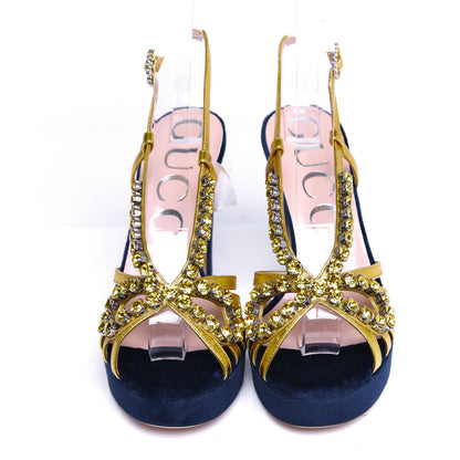Gucci Velvet Nappa Crystal Zephyra Slingback Platform High Heel Sandals 36.5 Blue Gold 2 of 10