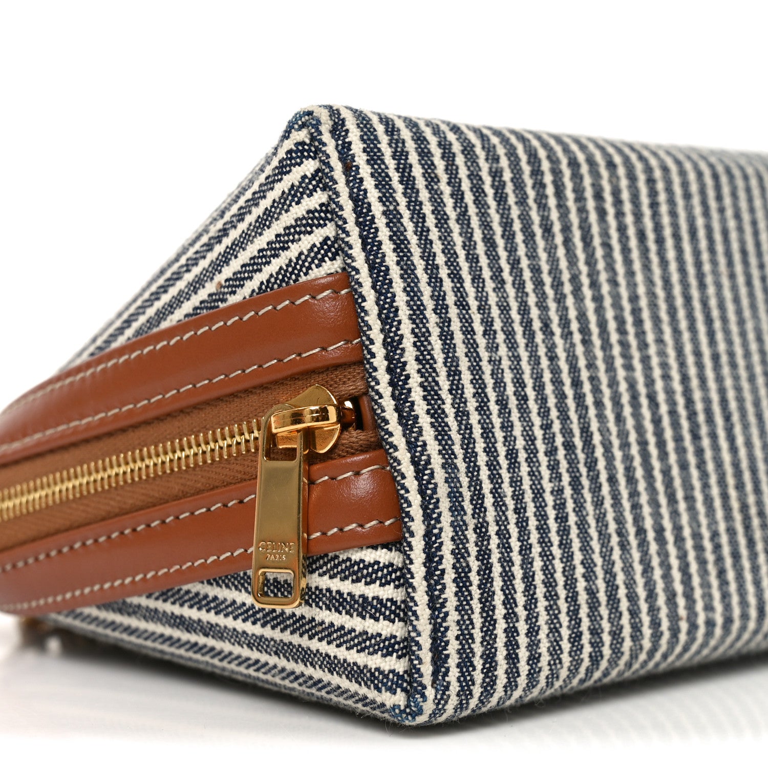 Celine Canvas Calfskin Striped Triomphe Clutch On Chain Navy Blue Tan 8 of 9