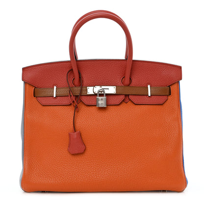 Hermes Taurillon Clemence Arlequin Birkin 35 Orange Sanguine Gold Bleu Lin Bleu Hydra Etain 1 of 14
