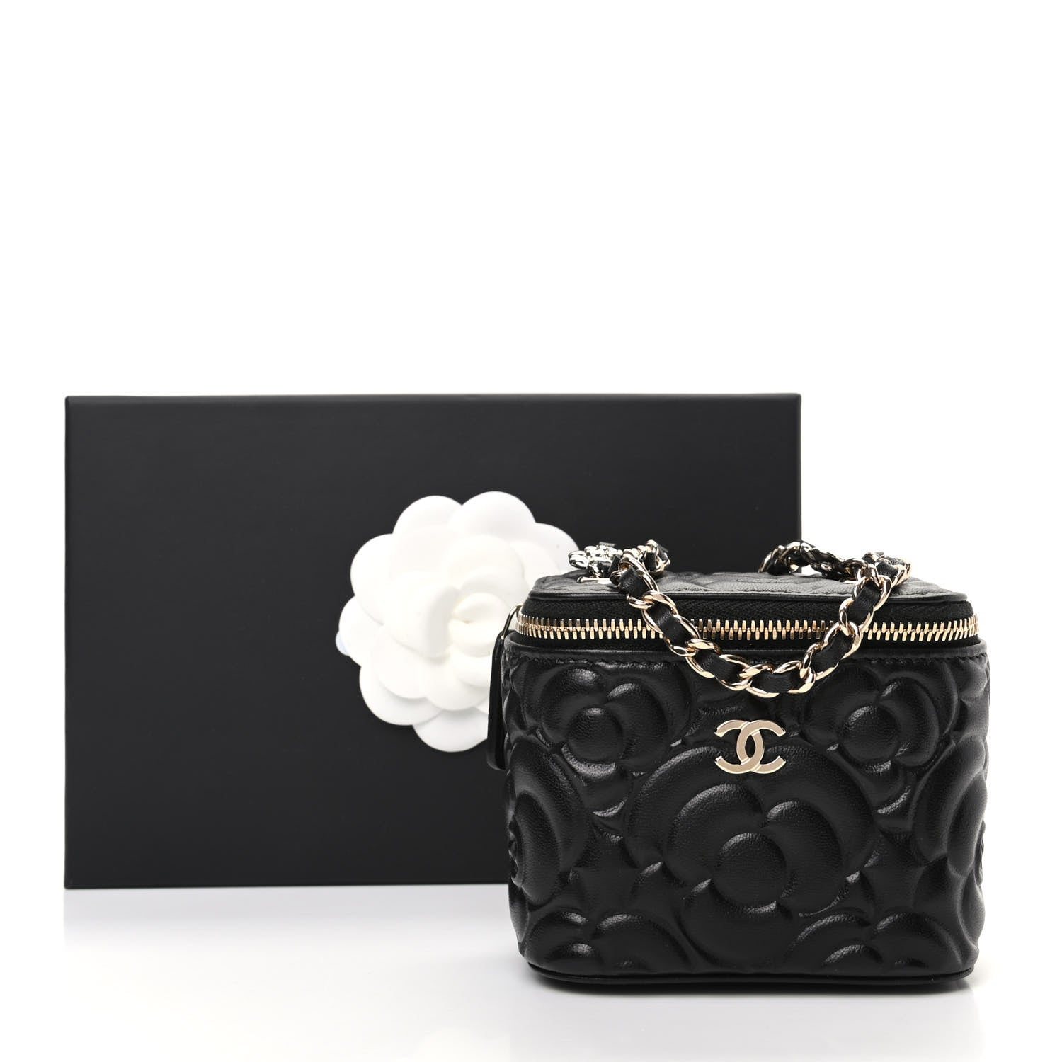 Chanel Lambskin Camellia Embossed Mini Vanity Case With Chain Black 10 of 10