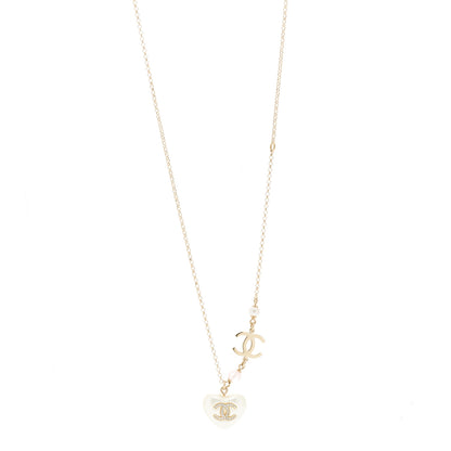 Chanel Resin Crystal CC Heart Necklace Pearly White Gold 1 of 6