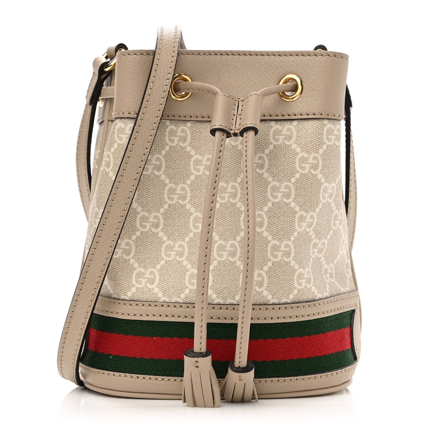 Gucci GG Supreme Monogram Textured Calfskin Web Mini Ophidia Bucket Bag Beige Mystic White Oatmeal 1 of 11