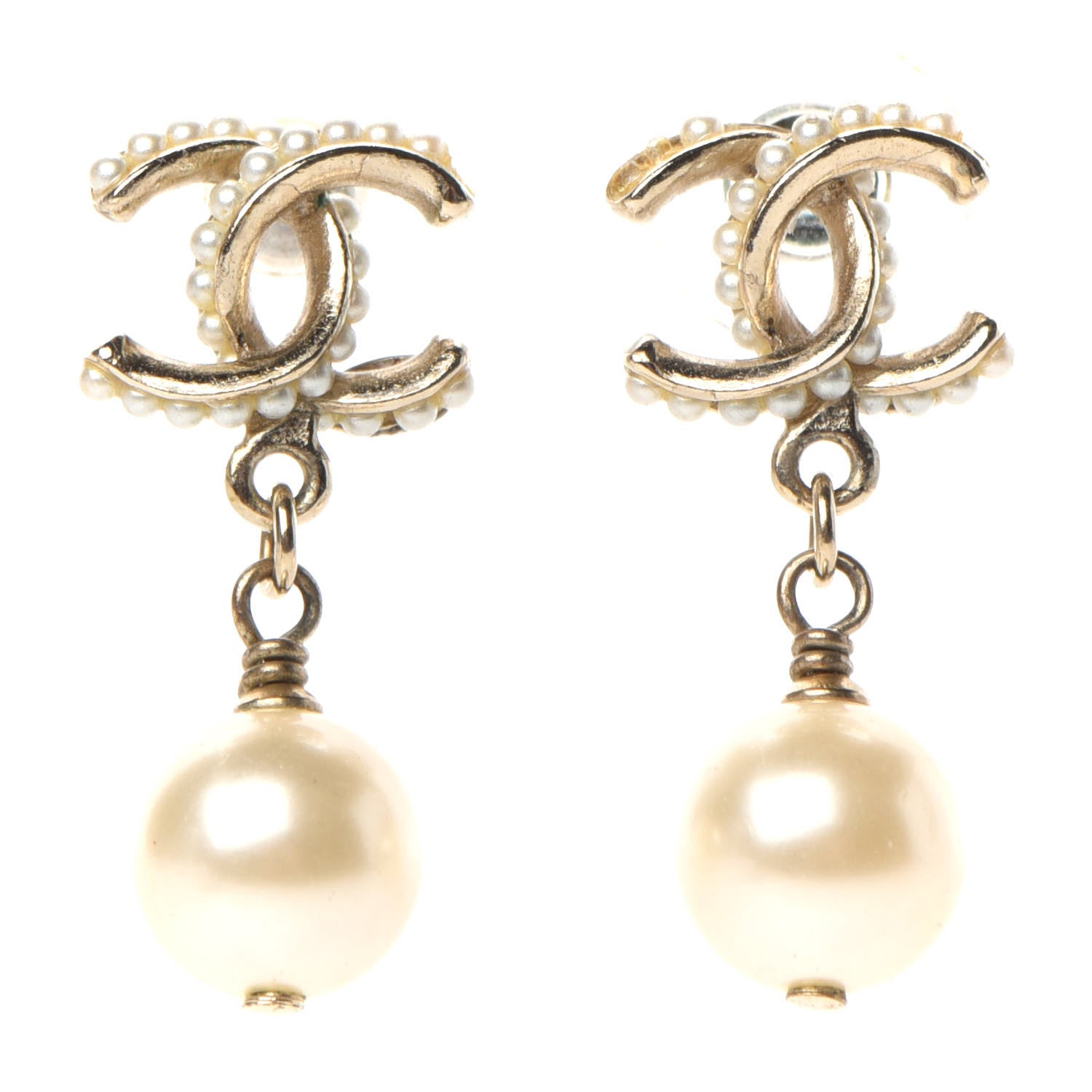 Chanel Pearl Twisted CC Drop Earrings Light Gold White 1 of 5