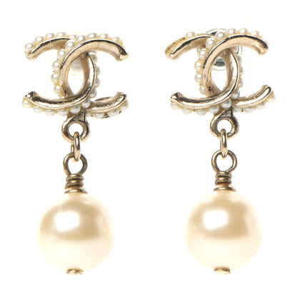 Chanel Pearl Twisted CC Drop Earrings Light Gold White 1 of 5