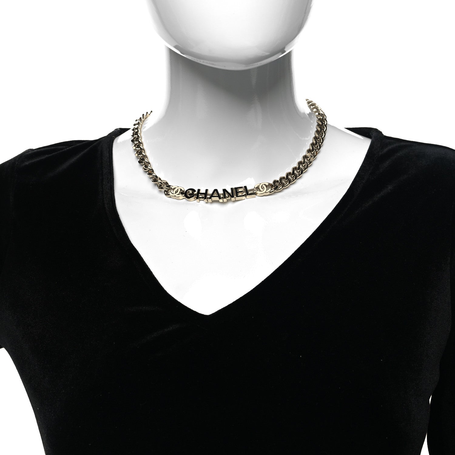 Chanel Enamel Metal Logo Choker Necklace Gold Black White 2 of 5