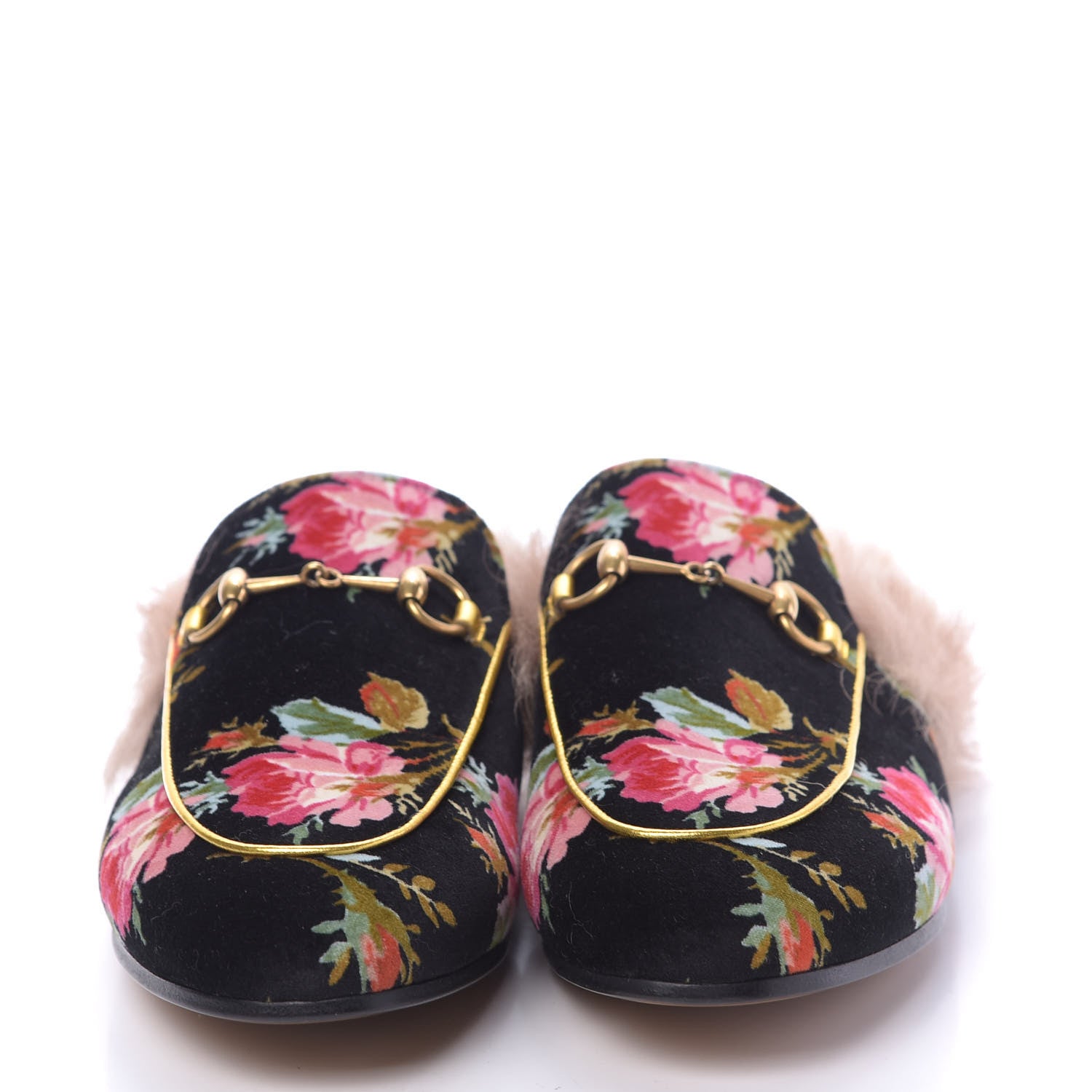 Gucci Velvet Fur Floral Womens Princetown Slippers 39.5 Black 3 of 9