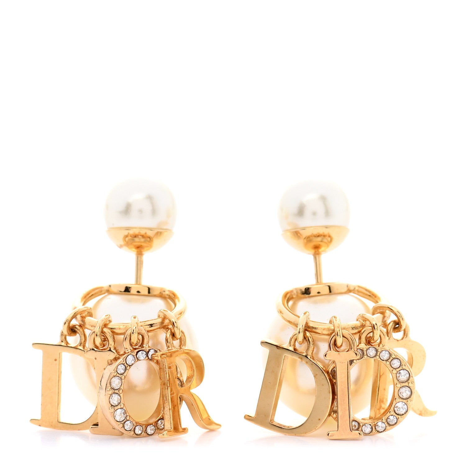 Christian Dior Pearl Crystal Tribal Logo Charms Earrings Gold 1 of 4