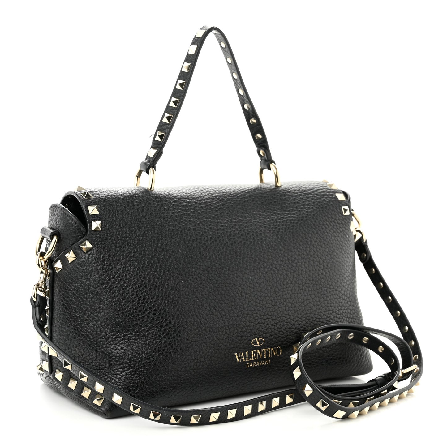 Pebbled Calfskin Medium Rockstud Top Handle Shoulder Bag Black