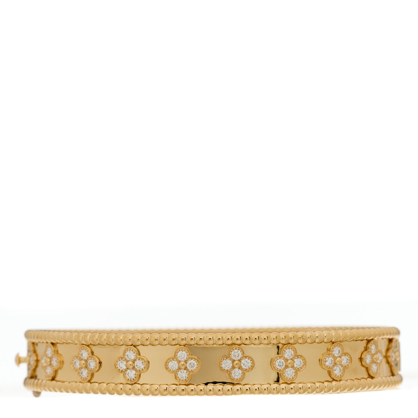 18K Yellow Gold Diamond Perlee Clovers Bangle Bracelet L