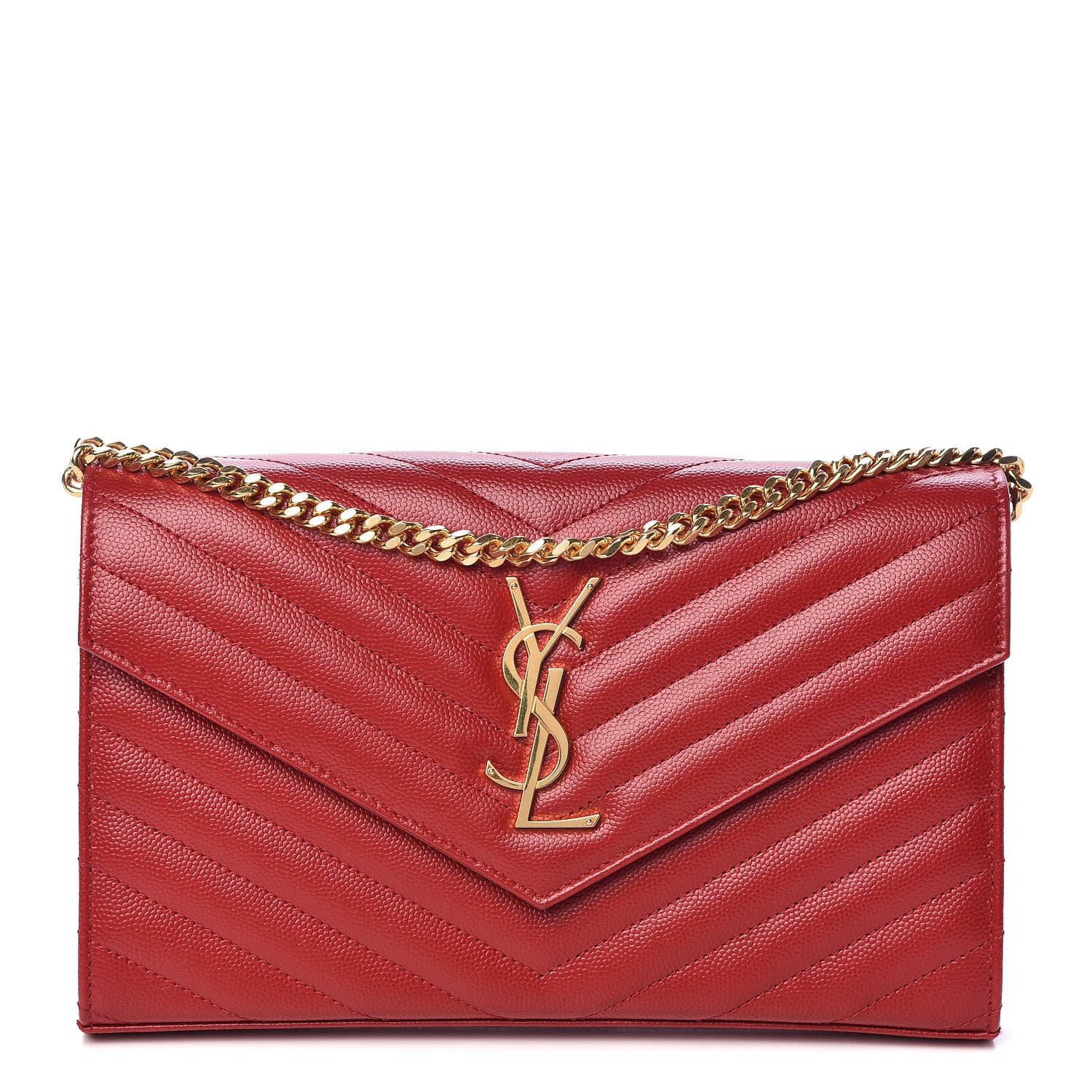 Saint Laurent Grain De Poudre Matelasse Chevron Monogram Chain Wallet Red 1 of 9