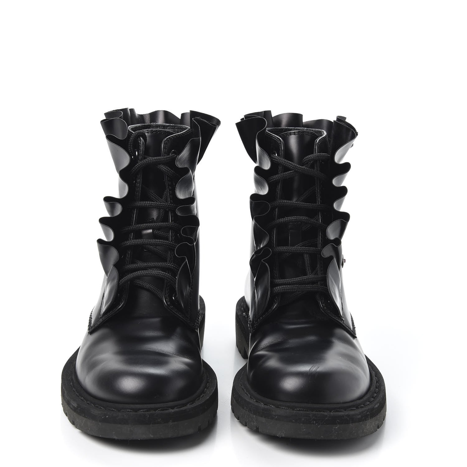 Valentino Garavani Calfskin Ruffle Heart Love Combat Boots 37.5 Black 2 of 10