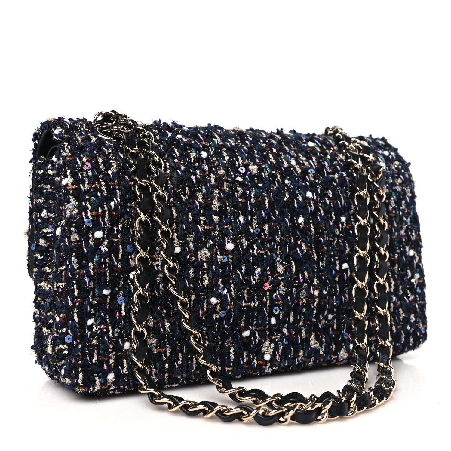 Chanel Glittered Tweed Quilted Medium Double Flap Navy Blue Multicolor 3 of 11