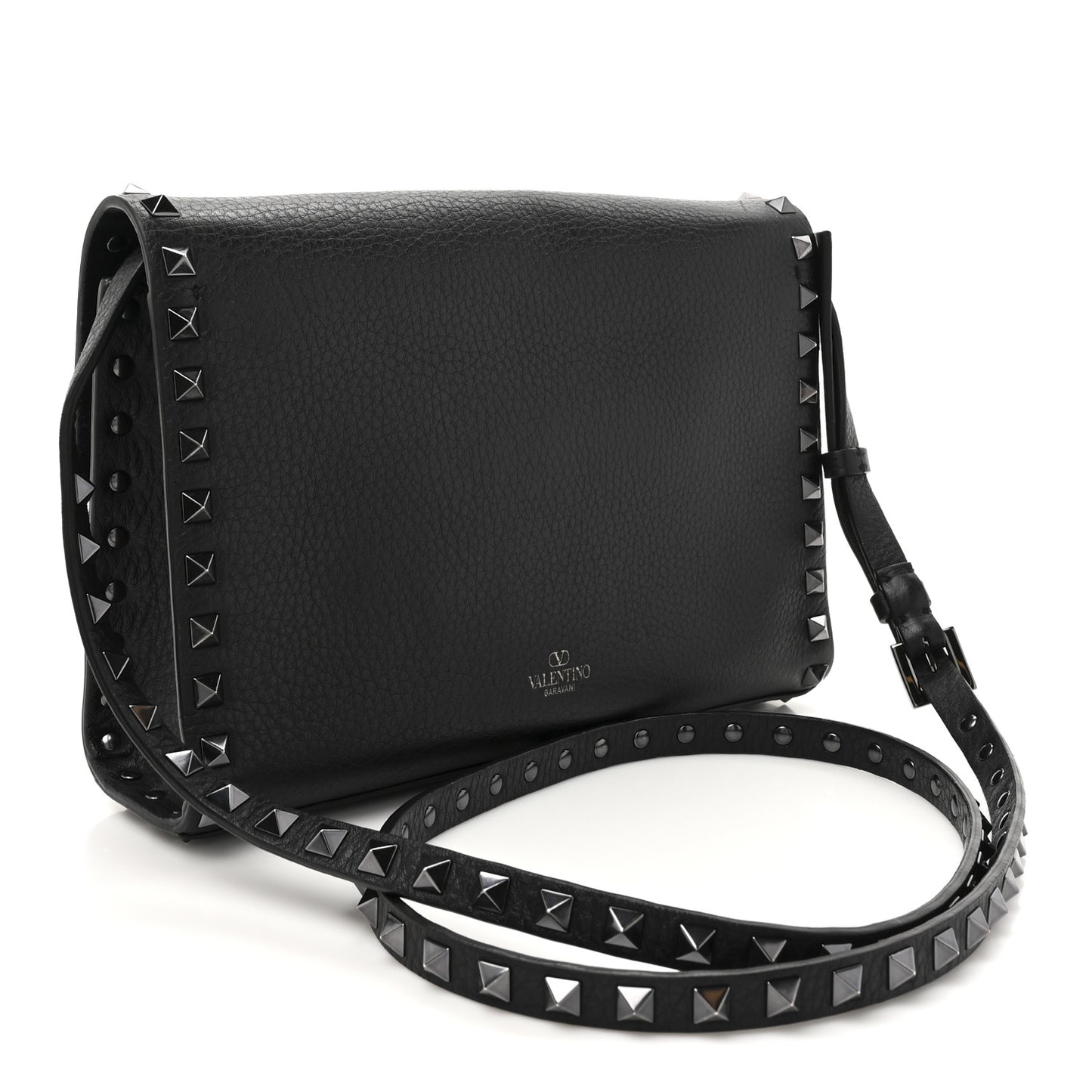 Pebbled Calfskin Monochrome Medium Rockstud Flip Lock Crossbody Bag Black