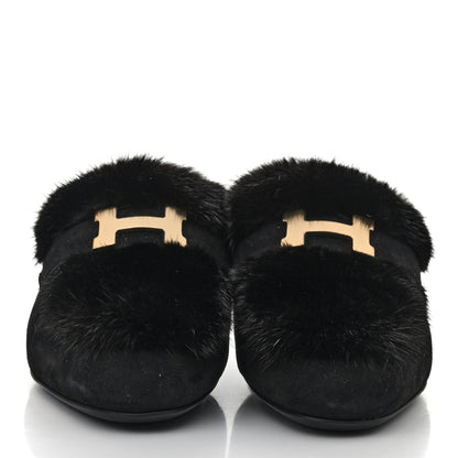 Hermes Mink Fur Suede Goatskin Trocadero Mule 35 Black 2 of 7