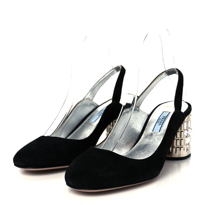Prada Suede Crystal Block Heel Slingback Pump 37 Black 4 of 10