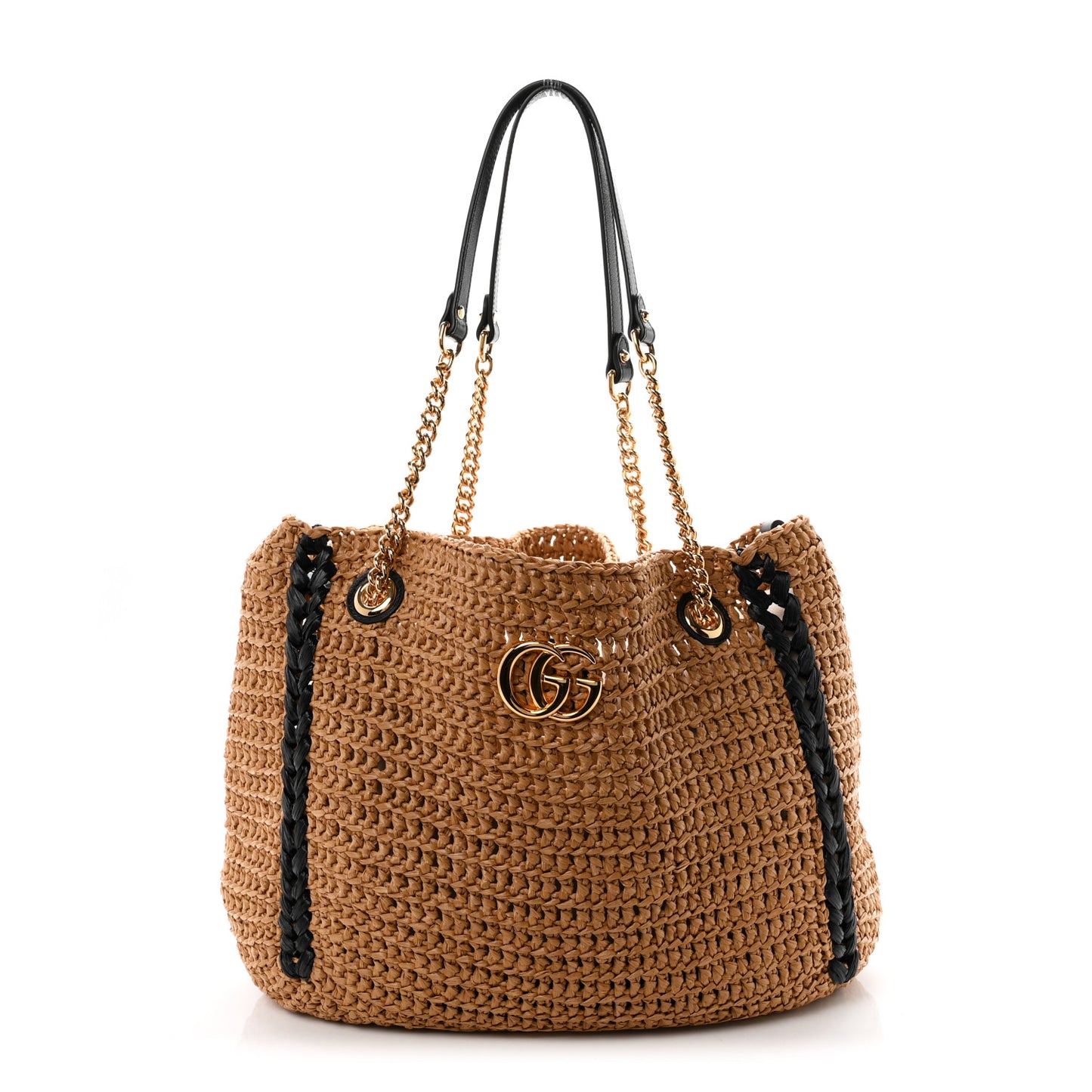 Raffia Effect Large GG Marmont Shoulder Tote Bag Natural Black