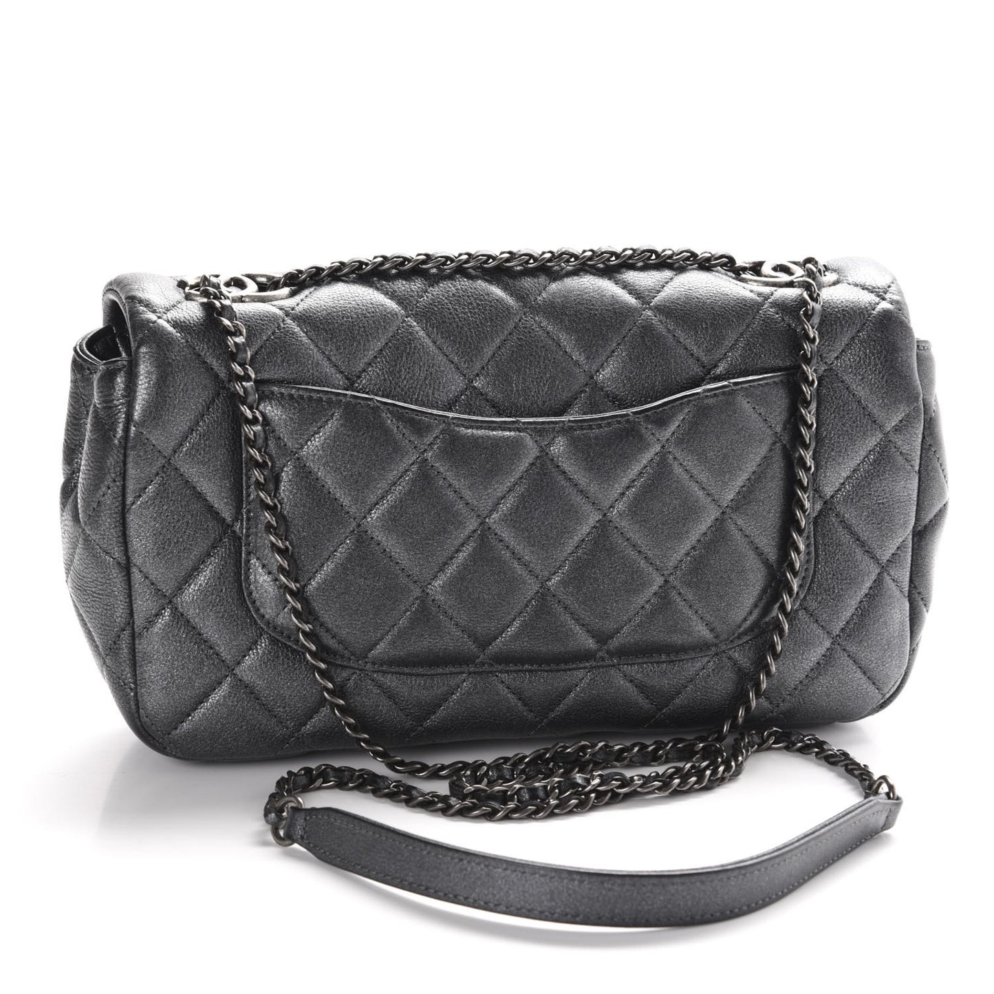 Metallic Calfskin Quilted Medium CC Eyelet Flap Dark Silver