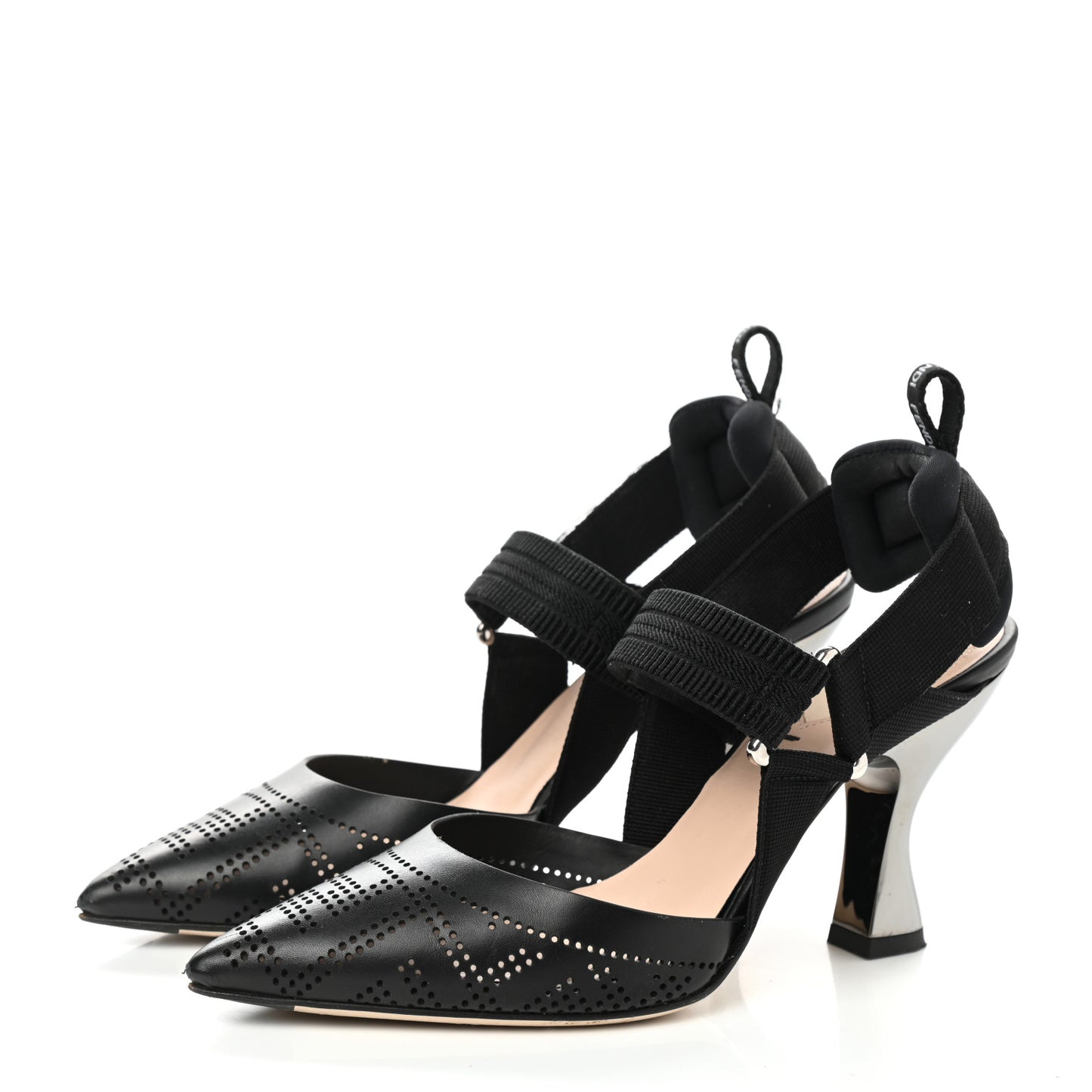 FF Perforated Calfskin Slingback Mid-Heel Pumps 35 Black