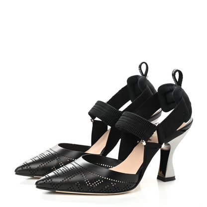Fendi FF Perforated Calfskin Slingback Mid-Heel Pumps 35 Black 4 of 10