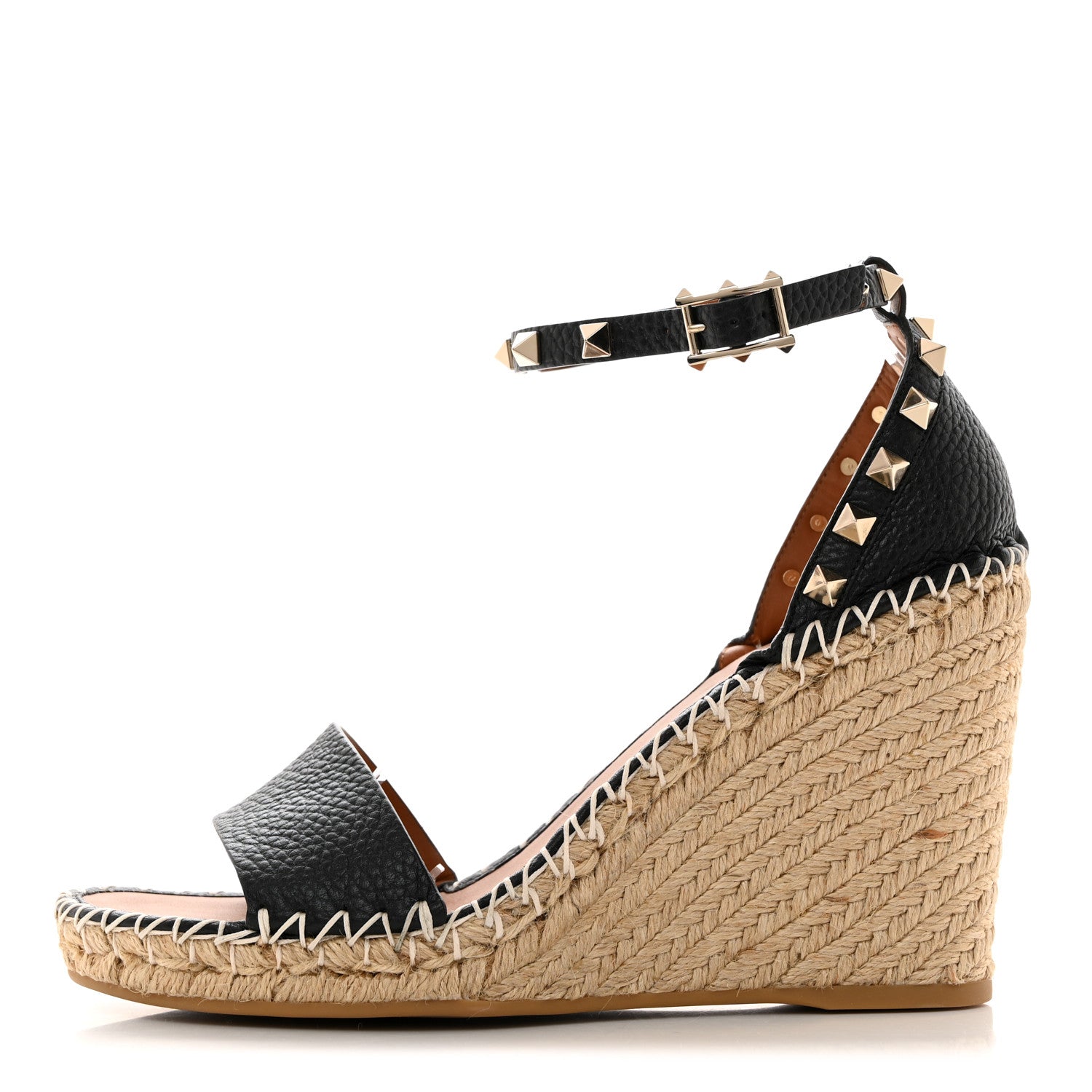 Valentino Garavani Grained Calfskin Rockstud Ankle Strap Espadrille 15/105mm Wedge Sandals 39 Black Light Cuir Natural 1 of 9
