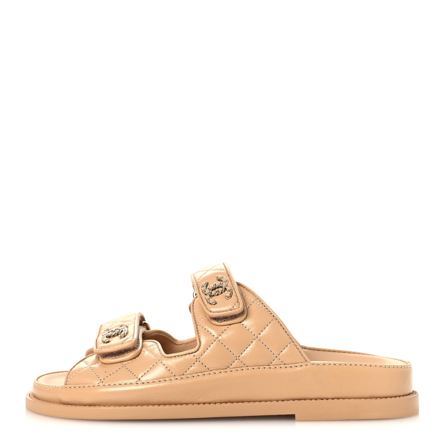 Lambskin Quilted Velcro Dad Chain CC Slide Sandals 37 Beige